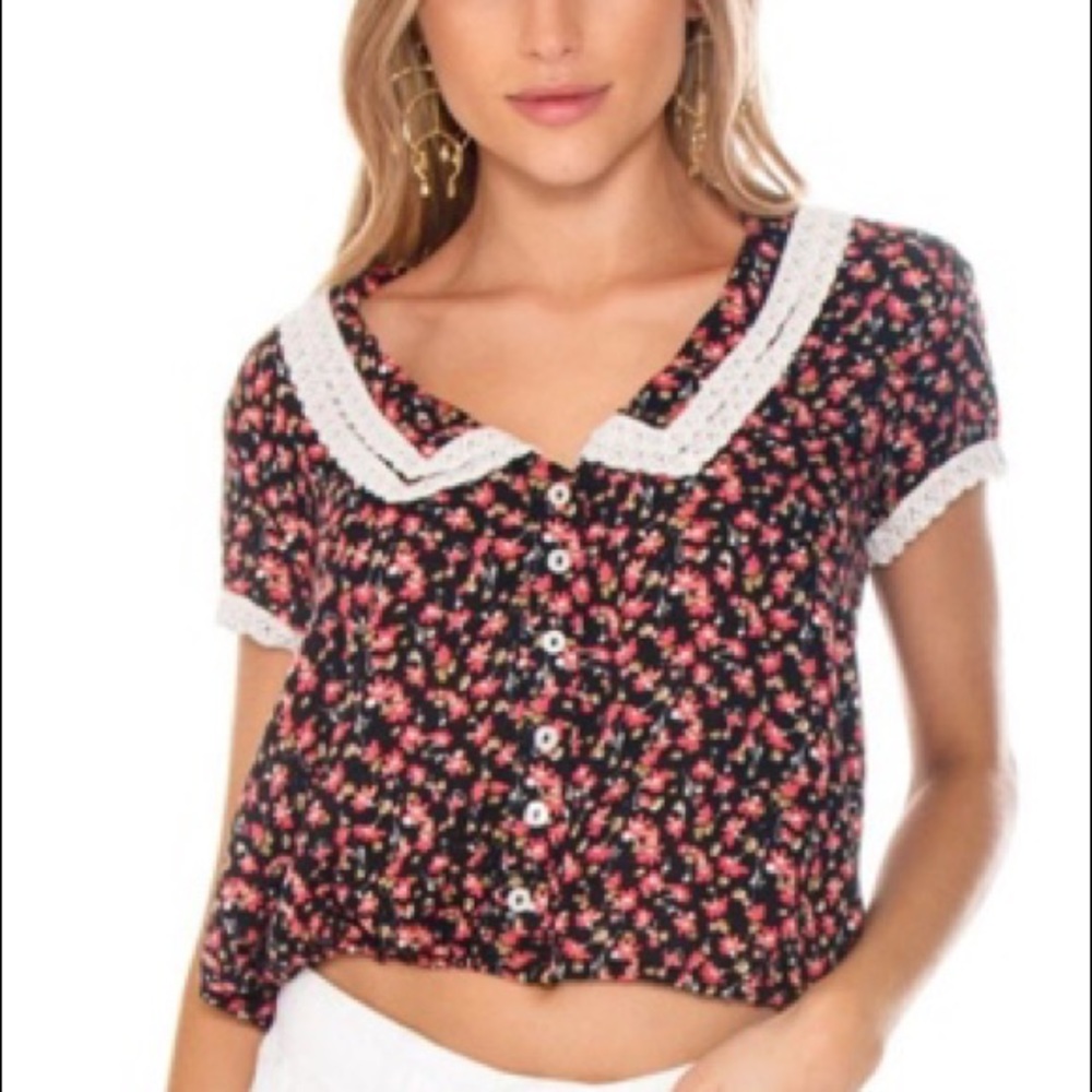 Free People Ana Black Floral Print Button-Up Top